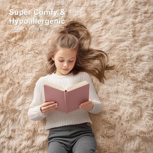 OLANLY 3x9 Machine Washable Runner Rugs for Hallway, Soft Fluffy Shaggy Bedside Rugs for Bedroom, Living Room, Indoor Floor Carpet for Kids Girls and Boys, Nursery Rooms, Home Decor Aesthetic, Beige