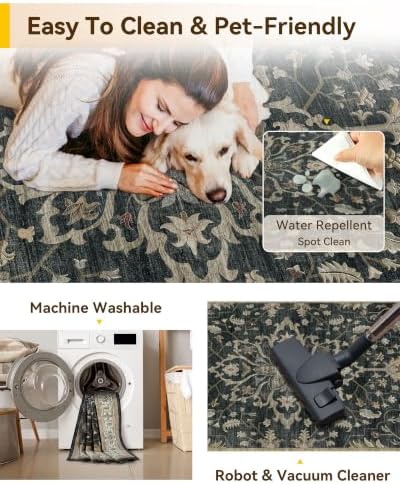 RELEANY Washable Area Rug, Runner 2'x9', Black/Vintage/Beige