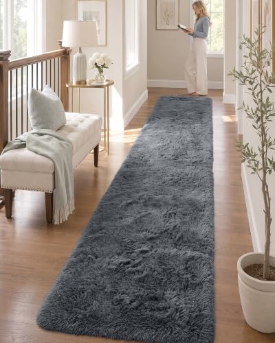 OLANLY 3x12 Machine Washable Runner Rugs for Hallway, Soft Fluffy Shaggy Bedside Rugs for Bedroom, Living Room, Indoor Floor Carpet for Kids Girls and Boys, Nursery Rooms, Home Decor Aesthetic, Grey