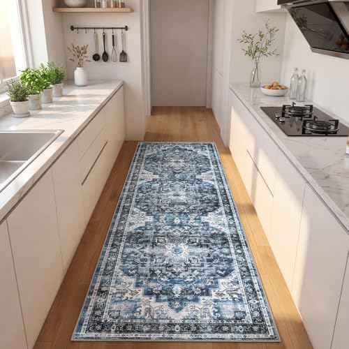 GarveeHome Washable Rug Runner 2x8 Vintage Runners for Hallways Blue