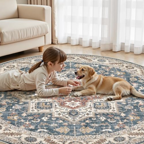 cotiled 8ft Round Living Room Area Rug, Washable, Traditional, Vintage Blue