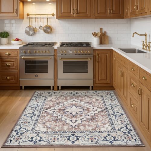 Lofus 4'x4' Square Washable Area Rug, Vintage Boho Floral Brown Carpet