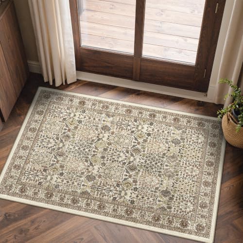 Bavni 2x3 Washable Rug, Non Slip Entryway Mat, Cream Brown