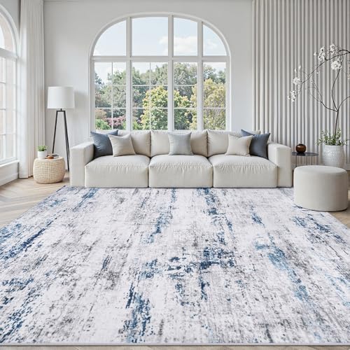 9x12 Area Rugs for Living Room Large Washable Abstract Rug White Gray Blue