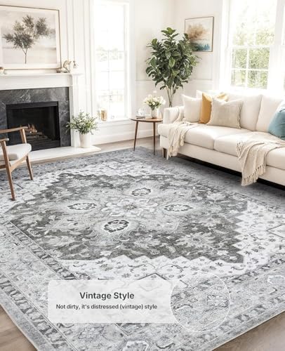 Amada Large 9x12 Washable Area Rug for Living Room, Light/Gray, Vintage