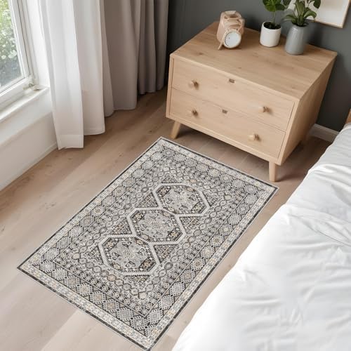 2x3 Area Rug Washable Vintage: Non Slip Throw Rugs for Entryway Floor Black