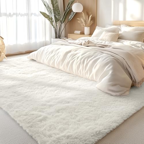 OLANLY 9x11 Machine Washable Large Area Rugs for Living Room, Bedroom, Soft Fluffy Shaggy Bedside Rug, Indoor Floor Carpet for Kids Girls and Boys, Dorms, Nursery, Home Decor Aesthetic, Ivory