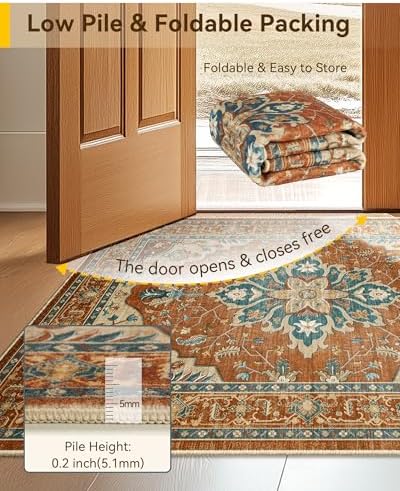 RELEANY Washable Area Rug, Runner 2'6"x5', Red/Orange/Blue/Brown