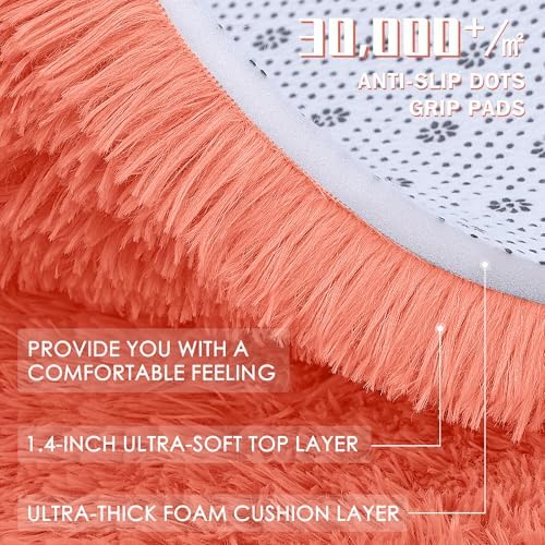 OLANLY Coral Red Round Rugs for Bedroom - Machine Washable, 3 ft Circle Area Rugs for Living Room, Soft and Fluffy Shaggy Carpet for Teen Girl and Boys, Nursery Rooms, Dorms, Home Decor Aesthetic