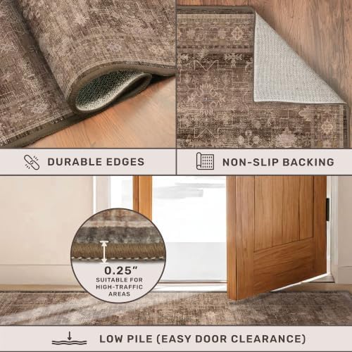 Washable 10ft Long Runners for Hallways, Brown 2'6"x10' Wide Kitchen Runner Rug, Entryway Indoor Rug, Non Slip Rubber Backing Boho Vintage Dark Floor Decor