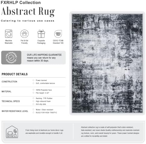 5x8 Area Rug Living Room: Modern Washable Soft Carpet Dark Black