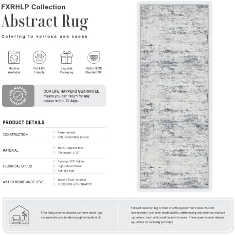 3x10 Washable Runner Rug：Modern Abstract Soft Carpet Blue Grey