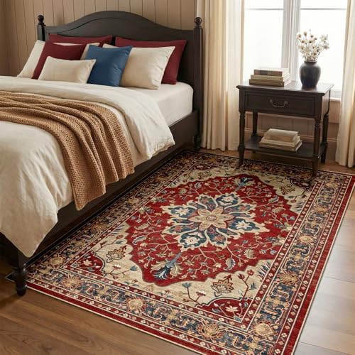 RELEANY Washable Area Rug, 5'x7', Red/Blue