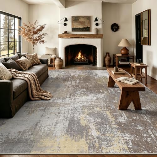 8x10 Rugs for Living Room - Modern Abstract Washable Rug, Ultra Soft Non Slip Low Pile Large Rugs, Floor Carpet for Bedroom Dining Room Office Laundry Nursery Home（Taupe）