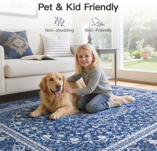 5x7 Area Rugs for Living Room, Washable Non-Slip Rug, Oriental Dark Blue
