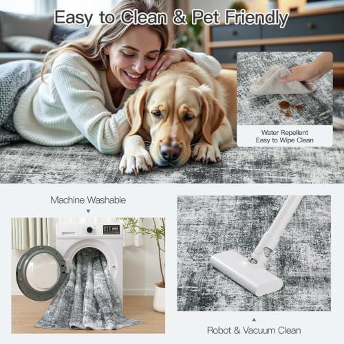 8x10 Area Rug for Living Room, Abstract Washable Non-Slip Large Rugs, Grey