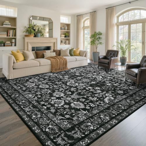 9x12 Ft Extra Large Area Rugs for Living Room, Soft Non-Slip Machine Washable Rug, Vintage Stain Resistant Carpets for Bedroom Nursery Dining Room Home Decor (Black)
