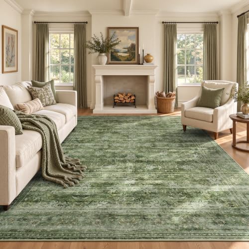 8x10 Area Rug for Living Room, Non-Slip Washable Large Carpet, Forest Green
