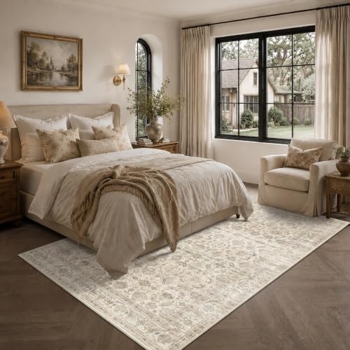 JOOJA 5x7 Beige Neutral Vintage Washable Area Rug, Low Pile Living Room Rug