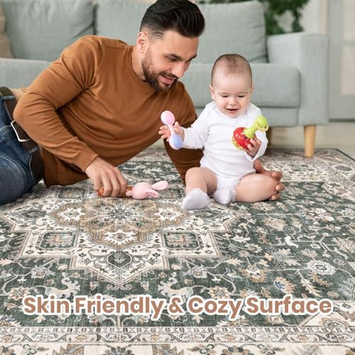 cotiled 6x9 Area Rug for Living Room, Washable, Traditional, Vintage Green