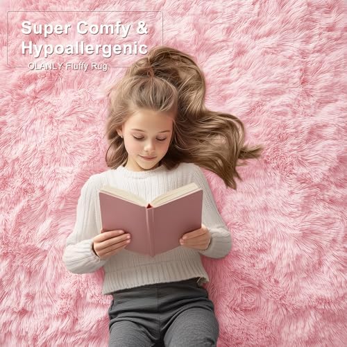 OLANLY 2x5 Machine Washable Runner Rugs for Hallway, Soft Fluffy Shaggy Bedside Rugs for Bedroom, Living Room, Indoor Floor Carpet for Kids Girls and Boys, Nursery Rooms, Home Decor Aesthetic, Pink