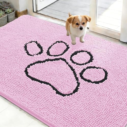 OLANLY Dog Door Mat for Muddy Paws 48x30, Paw Print Design Chenille Mud Mat