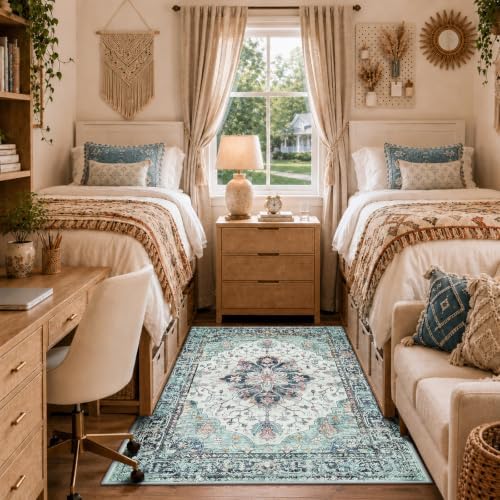 RELEANY Washable Area Rug, 3'x5', Teal Green/White/Navy