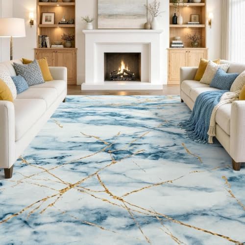 8x10 Washable Non-Slip Area Rug for Living Room (Gold Blue)