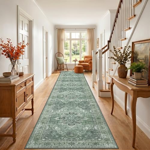 RELEANY Washable Area Rug, Runner 3'x20', Green/Dark Green/Gray