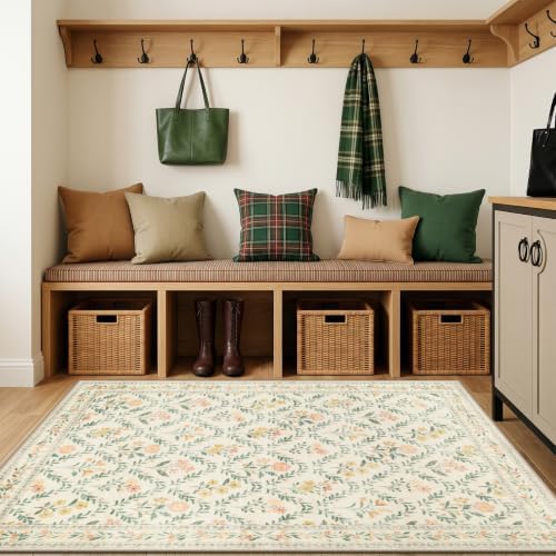 PLHXFR Area Rug Living Room: 3x5 Floral Washable Boho Carpet Beige Multi