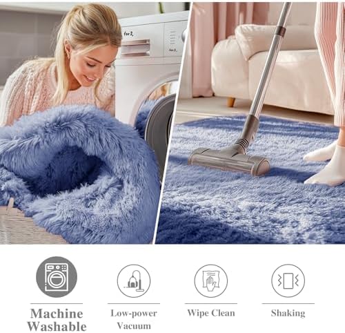 OLANLY Denim Blue Round Rugs for Bedroom - Machine Washable, 5 ft Circle Area Rugs for Living Room, Soft and Fluffy Shaggy Carpet for Teen Girl and Boys, Nursery Rooms, Dorms, Home Decor Aesthetic