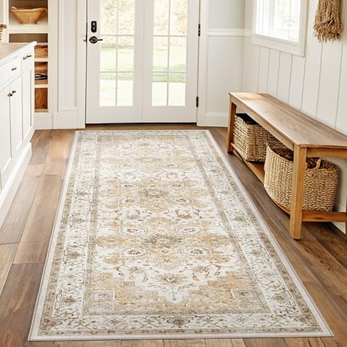 Amada 2x6 Washable Runner Rug for Kitchen and Entryway, Beige, Vintage