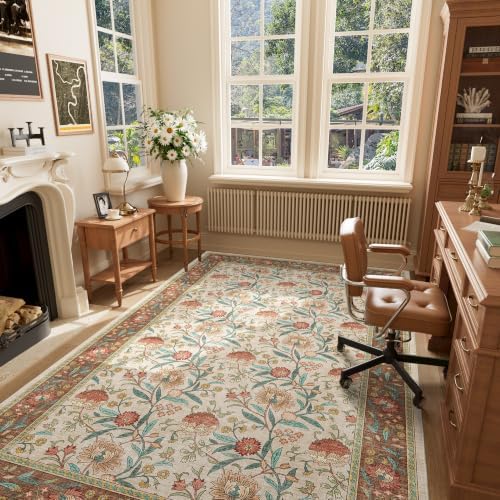DUKINO 5x8 Area Rug, Vintage Floral Washable Rugs for Living Room, Brown