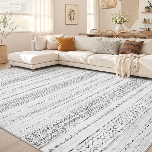 Nakagishi Area Rug Living Room Rugs: 12X15 Machine Washable Boho Large Neutral Farmhouse Stain Resistant Moroccan Indoor Floor Carpet for Bedroom Nursery Dorm Dining Room Home-Color Gray