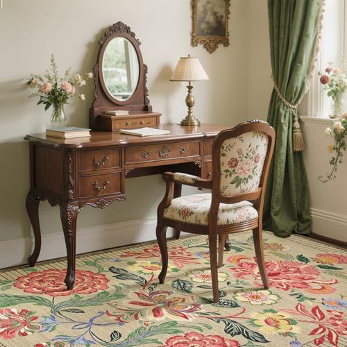 GarveeHome Floral Botanical Washable Rugs 5x7 Area Rug for Living Room, Camel Taupe Brown Vintage Boho Cottage Throw Rugs Low Pile Carpet for Bedroom Dining Nursery Rug
