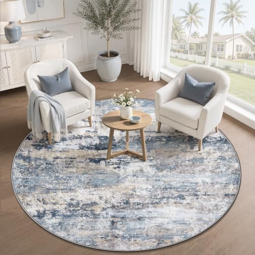 pmtsns Round Rug 4ft for Bedroom: Washable Circle Rug Modern Abstract Neutral Soft Non-Slip Low-Pile Entryway Carpet for Living Room Dining Room Nursery Home Office (Blue Grey Brown, 4' Round)