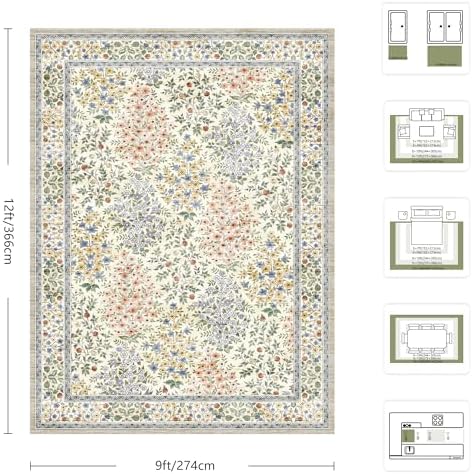 9x12 Area Rugs, Machine Washable Low Pile Floral Rugs for Living Room, Bedroom, Large Boho Area Rug with Non-Slip Backing for Dining Room(Beige Floral)