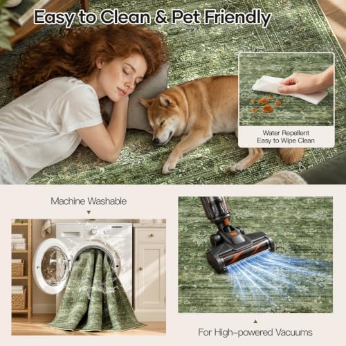 8x10 Area Rug for Living Room, Non-Slip Washable Large Carpet, Forest Green
