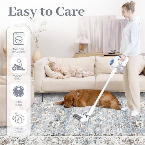 XLUEZ Area Rug 5x7 Living Room Rug, Machine Washable Vintage Distressed Boho Area Rug Non-Slip Soft Low Pile Large Indoor Rugs for Bedroom Kitchen Dining Room Office(Light Blue,5'x7')
