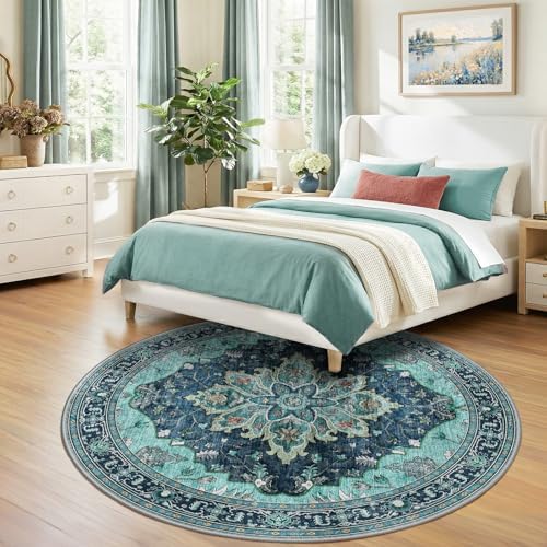 RELEANY Washable Area Rug, Round 7ft, Teal