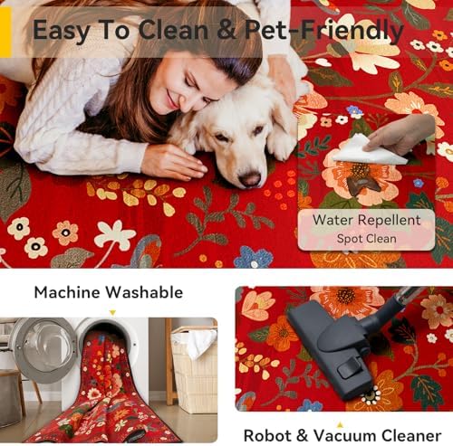 Floral Washable 8x10 Area Rugs Red/Orange
