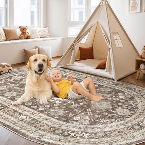 5x8 Ellipse Area Rug for Living Room, Washable, Traditional, Dark Brown