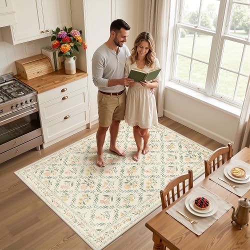 PLHXFR Area Rug Living Room: 3x5 Floral Washable Boho Carpet Beige Multi