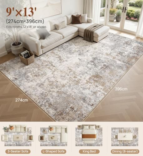 UERMEI 9x13 Area Rug Living Room Rugs Washable Neutral Brown Grey Carpet