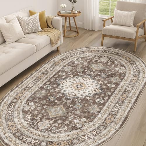 5x8 Ellipse Area Rug for Living Room, Washable, Traditional, Dark Brown