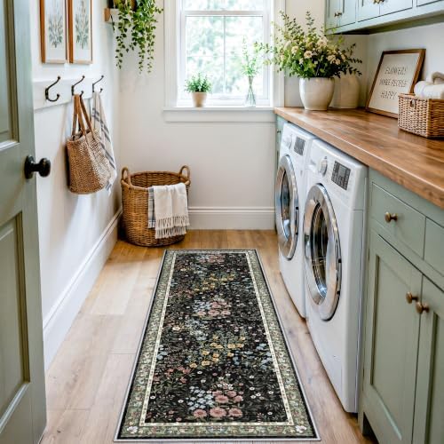 Washable Kitchen Runner Rug 2x6: Vintage Floral Rug for Hallway Kitchen - Machine Washable Non Slip Low Pile Carpet - Soft Foldable Runner for High Traffic Areas - 2'x6' Black