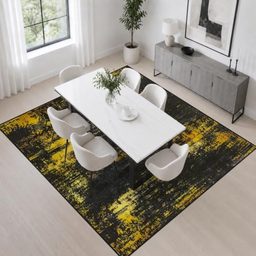 Area Rug Living Room: 6x6 Modern Washable Soft Carpet Black Gold