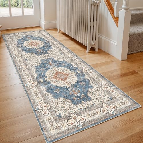 Ksrau 3x6 Runner Rug Washable Vintage: Non Slip Hallway Runners Blue/Beige