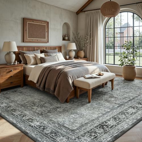 8x10 Area Rugs for Living Room - Washable Vintage Retro Large Rug, Soft Ultra Thin Non Slip Low Pile Traditional Distressed Boho Carpet for Bedroom Dining Room Home Office, Black Grey