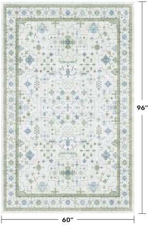 Green and Blue Kids Rugs for Bedroom 5x8 - Oushak Boho Cute Area Rug, Washable Low Pile Non-Slip Soft Foldable Indoor Carpet for Nursery, Playroom